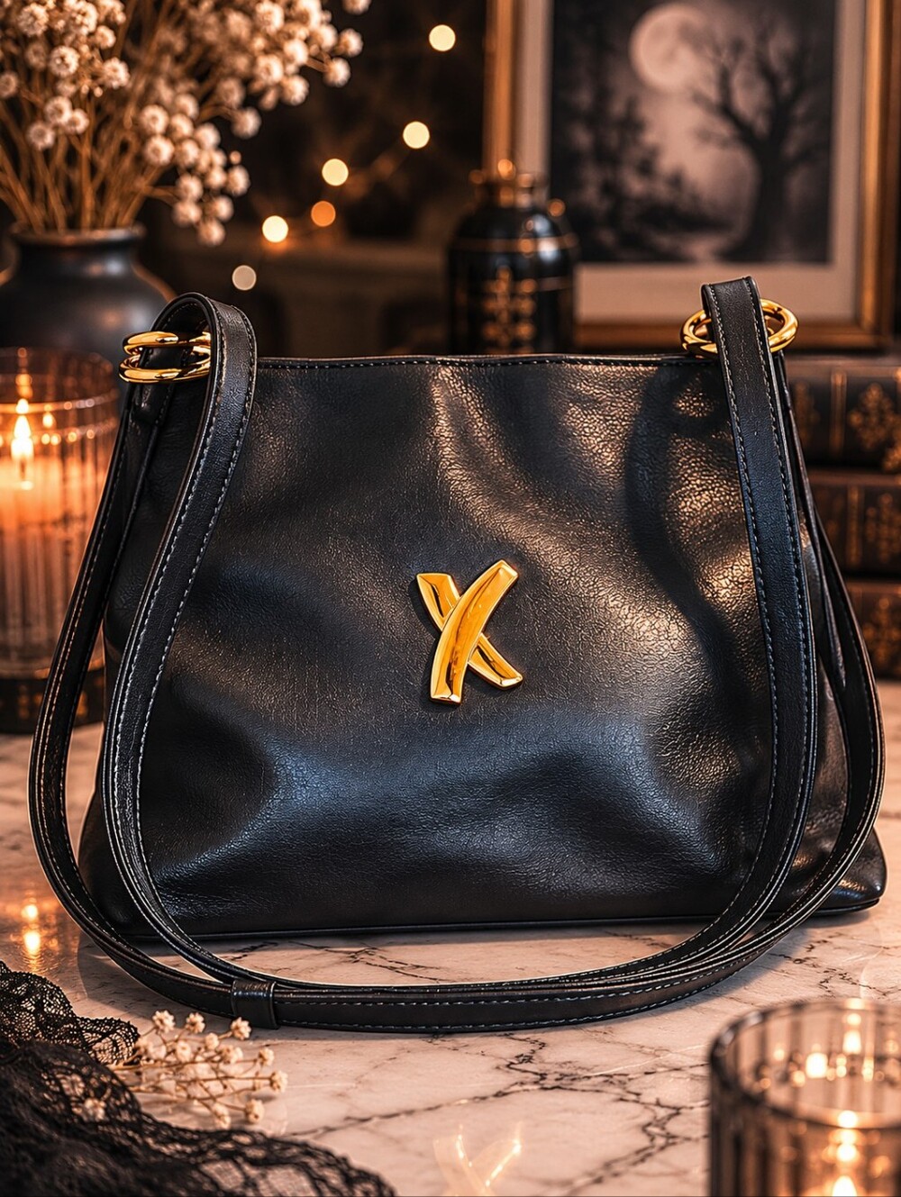 Vintage Paloma Picasso Black Leather Hobo Shoulder Bag Gold Logo Italy EUC
